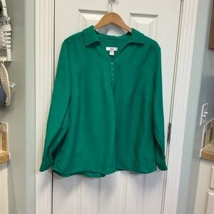 Cj Banks SZ 2X Women’s Linen Blouse Green Roll Tap Sleeve Pull Over